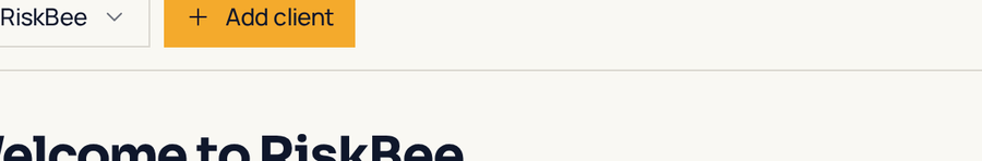 RiskBee top app bar showing the workspace switcher and the "Add client" button