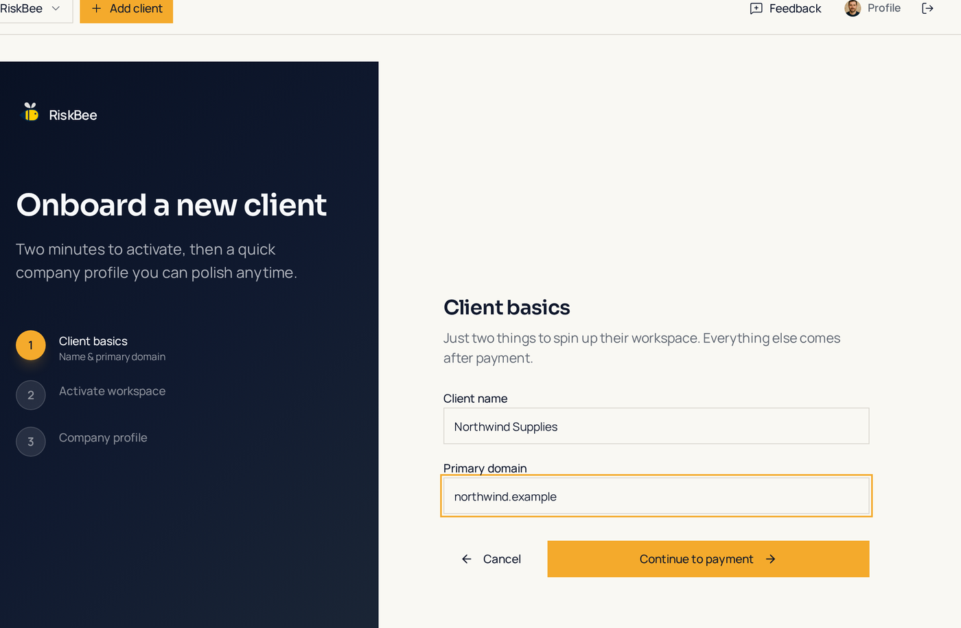 RiskBee onboarding wizard on the Client basics step with a client name and primary domain filled in