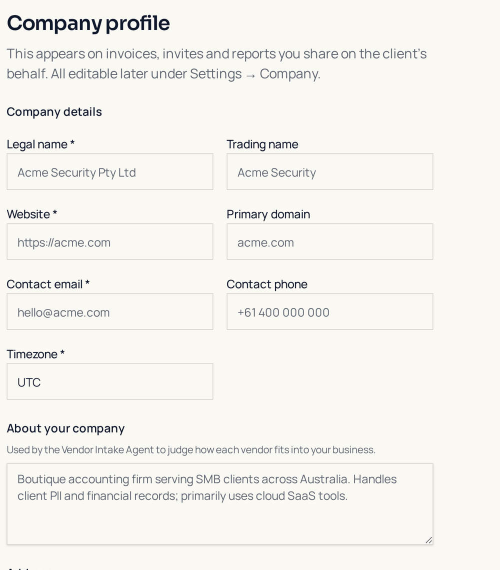 Company profile step of the RiskBee client onboarding wizard showing legal name, website, contact and timezone fields